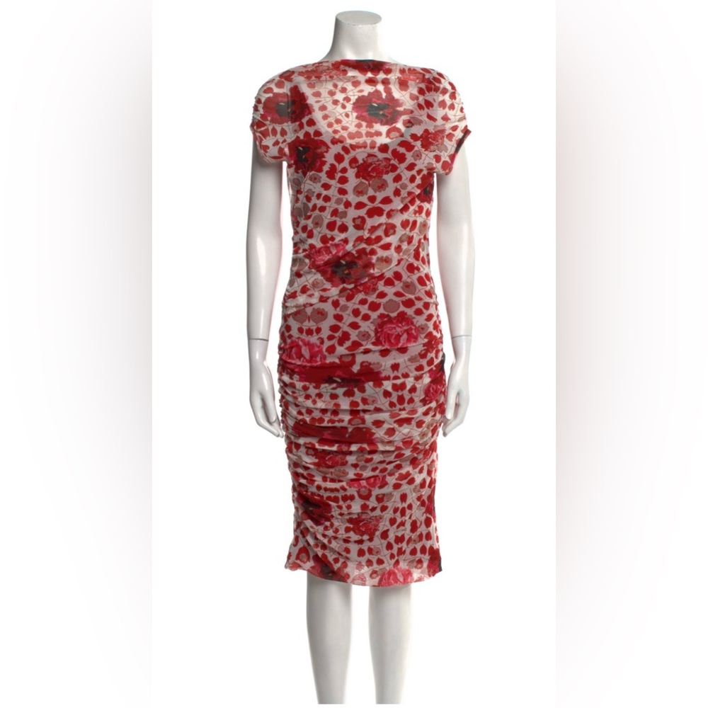 Floral Red Midi Dress - Women's Strapless Bodycon - Picture 2 of 13